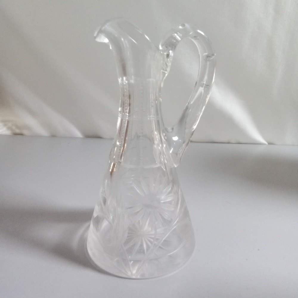 Vintage Clear Cut Glass Cruet Pitcher Starburst Wheat Pattern 6 Inch